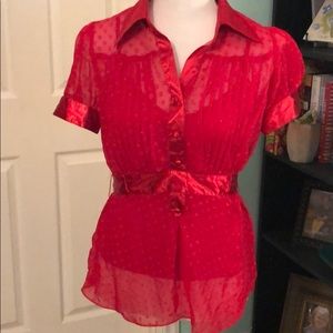 XOXO NWOT Sheer Swiss Dot Tie Bow Red Blouse with Red Camisole